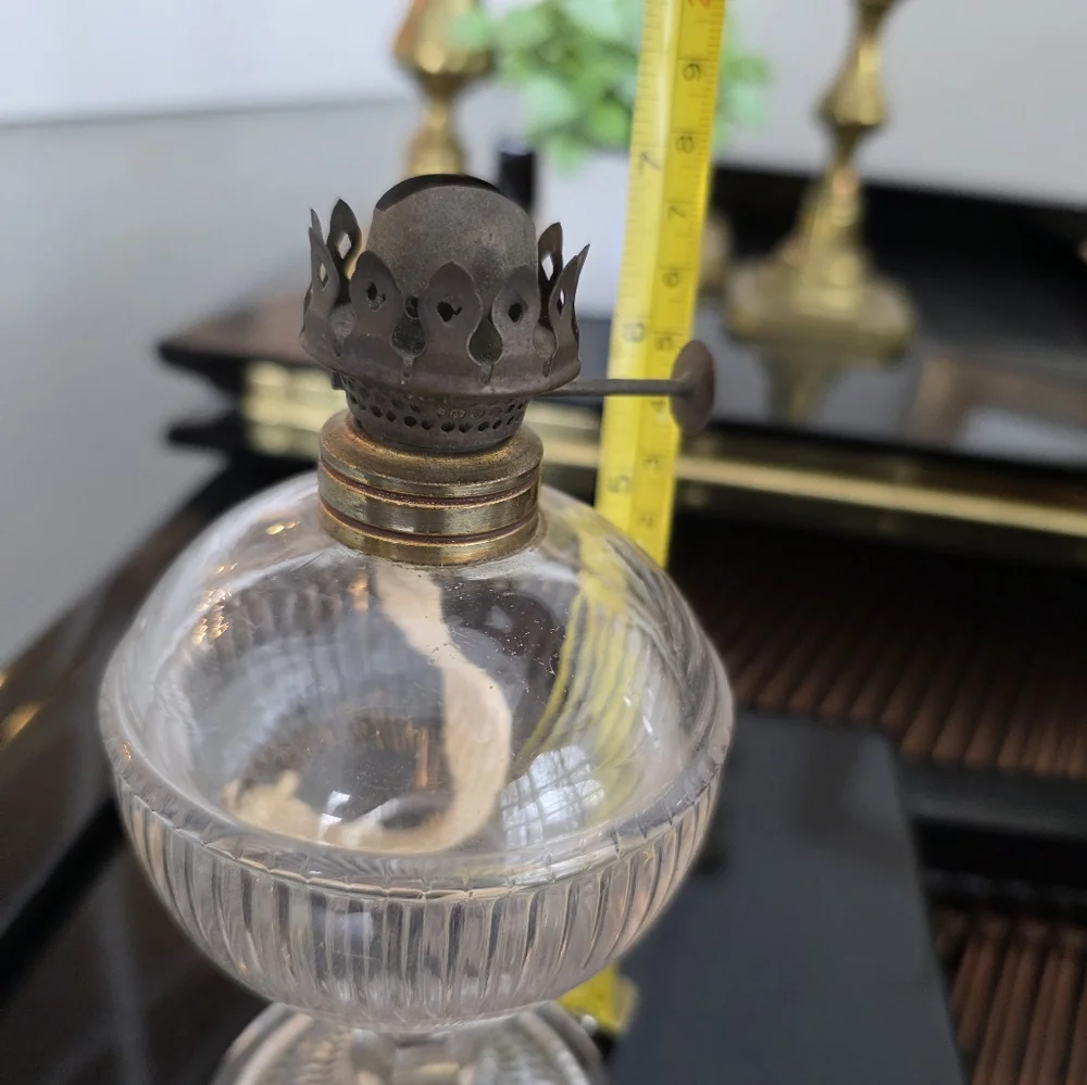 Vintage Ribbed Clear Glass Pedestal Oil Lamp